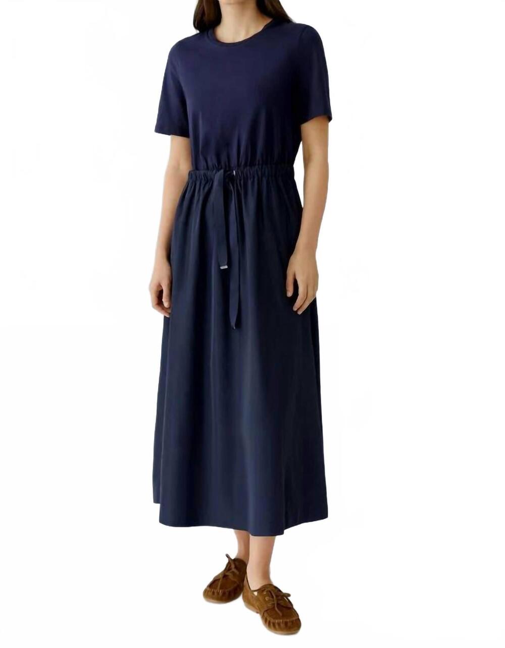NEW OUI tie waist short sleeve midi dress in dark blue